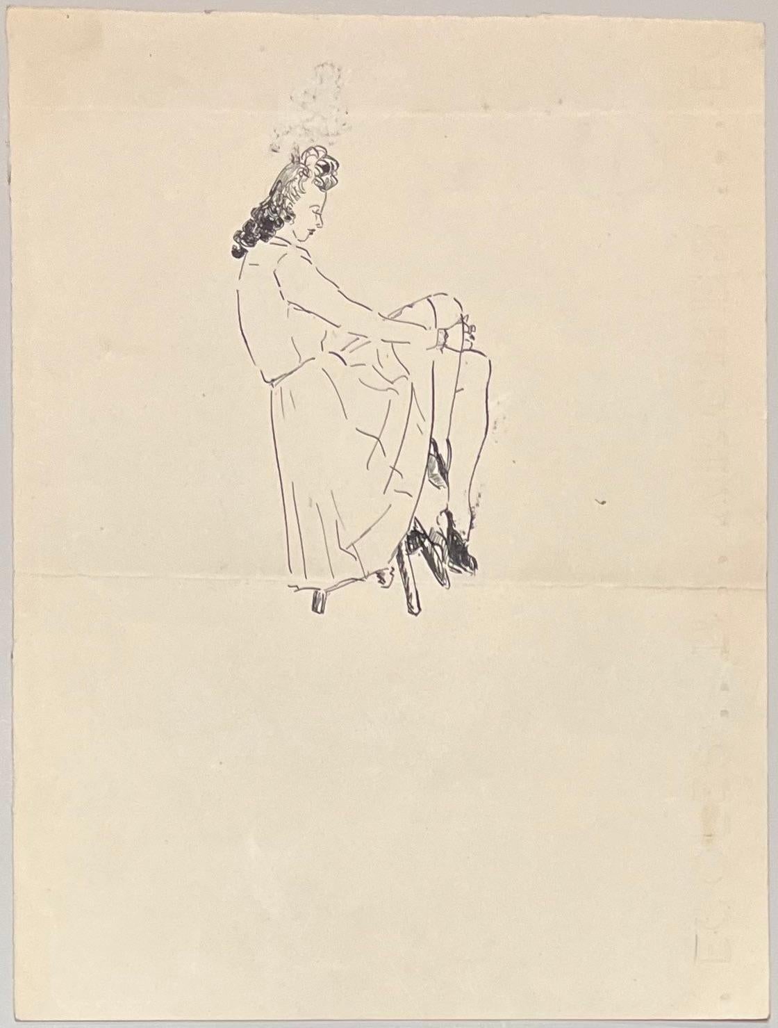 Étude à l'encre minimaliste française du milieu du siècle d'une femme assise - Art de Josine Vignon