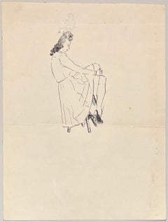 Mid Century French Minimalist Ink Study of a Seated Woman