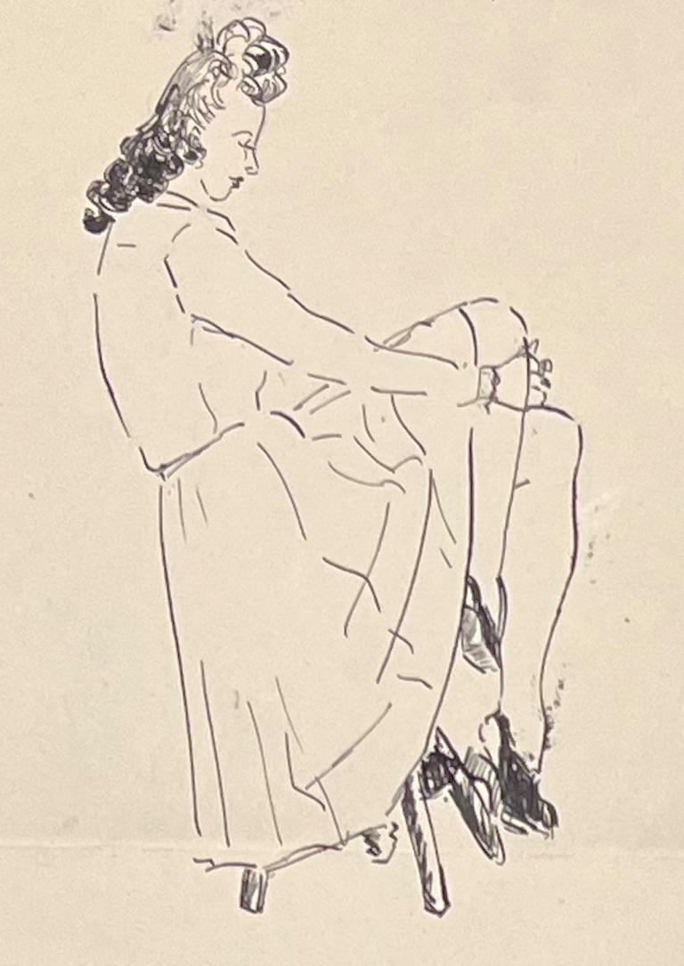 Étude à l'encre minimaliste française du milieu du siècle d'une femme assise - Post-impressionnisme Art par Josine Vignon