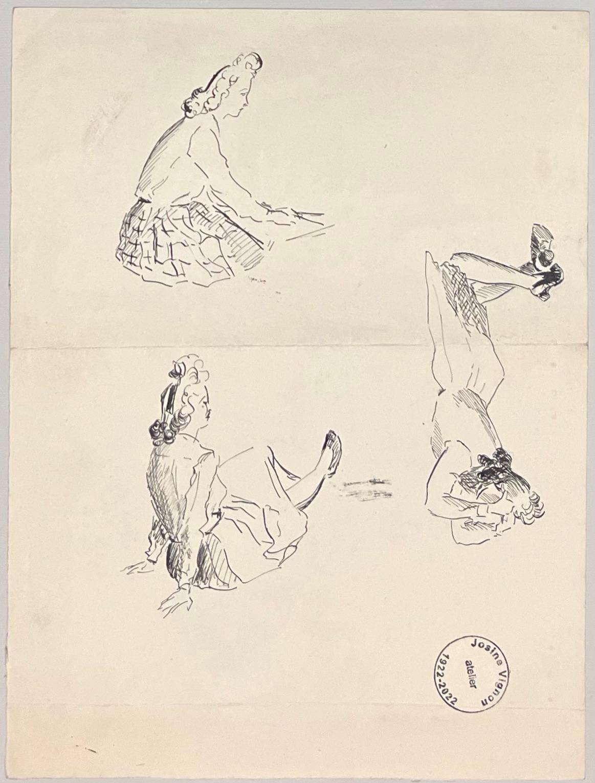 Étude à l'encre minimaliste française du milieu du siècle d'une femme assise - Blanc Figurative Art par Josine Vignon