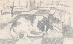 Dibujo a lápiz francés de mediados de siglo Perro dormido sobre suelo ajedrezado