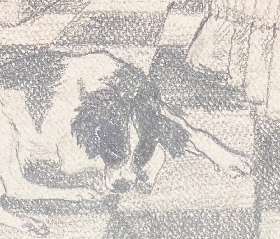 Disegno a matita francese del metà del secolo scorso Cane addormentato su pavimento a scacchiera - Art Postimpressionismo di Josine Vignon