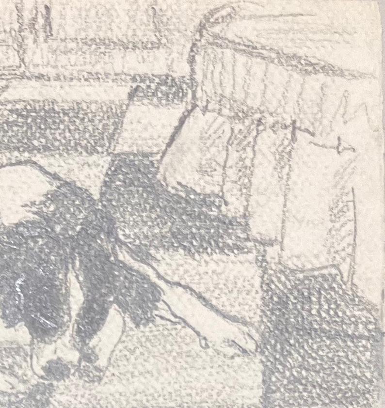 Disegno a matita francese del metà del secolo scorso Cane addormentato su pavimento a scacchiera - Figurative Art Beige di Josine Vignon
