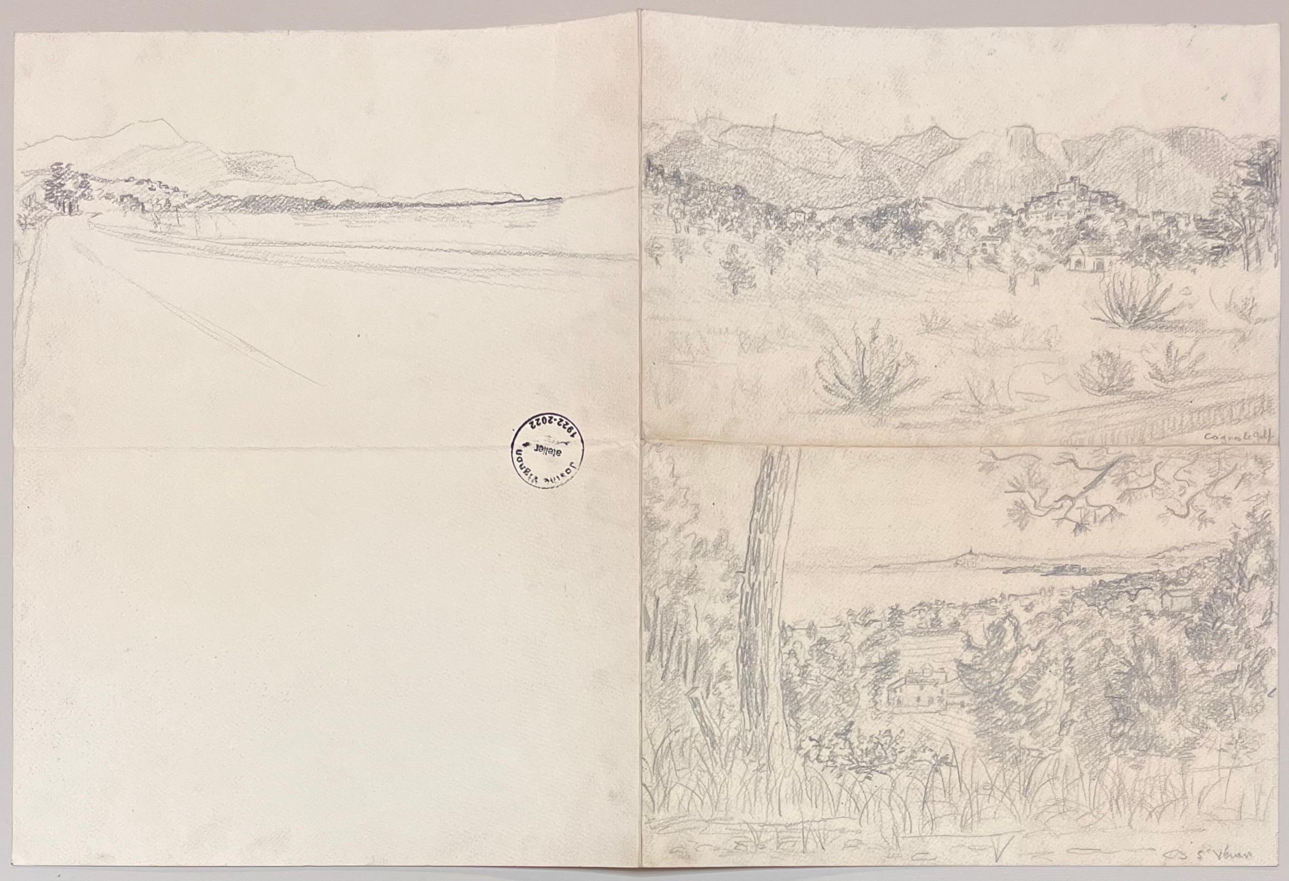 Französische Bleistiftzeichnungen aus der Mitte des Jahrhunderts mit verschiedenen Landschaften (Post-Impressionismus), Art, von Josine Vignon