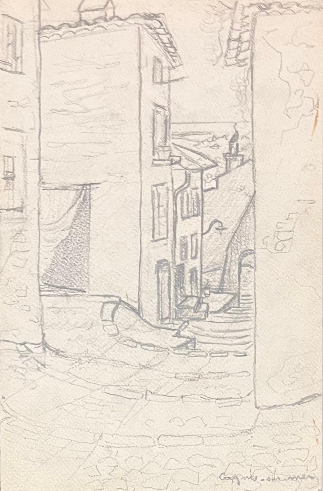 Disegni a matita della metà del secolo scorso di una strada stretta di Cagnes-sur-Mer - Art di Josine Vignon