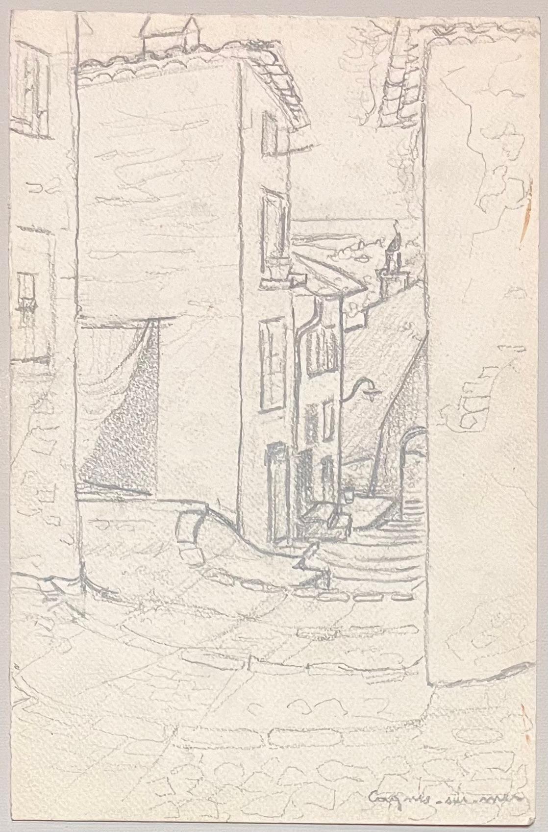 Disegni a matita della metà del secolo scorso di una strada stretta di Cagnes-sur-Mer - Art Postimpressionismo di Josine Vignon