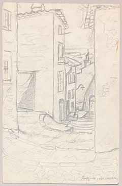 Mid Century French Pencil Drawings of a Narrow Street in Cagnes-sur-Mer