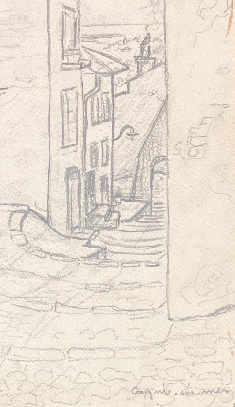 Disegni a matita della metà del secolo scorso di una strada stretta di Cagnes-sur-Mer in vendita 1