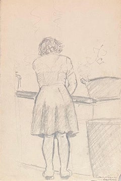 Dibujos a lápiz franceses de mediados de siglo de una mujer cocinando en una cocina