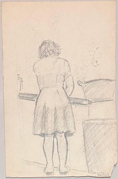 Mid Century French Pencil Drawings of a Woman Cooking in a Kitchen