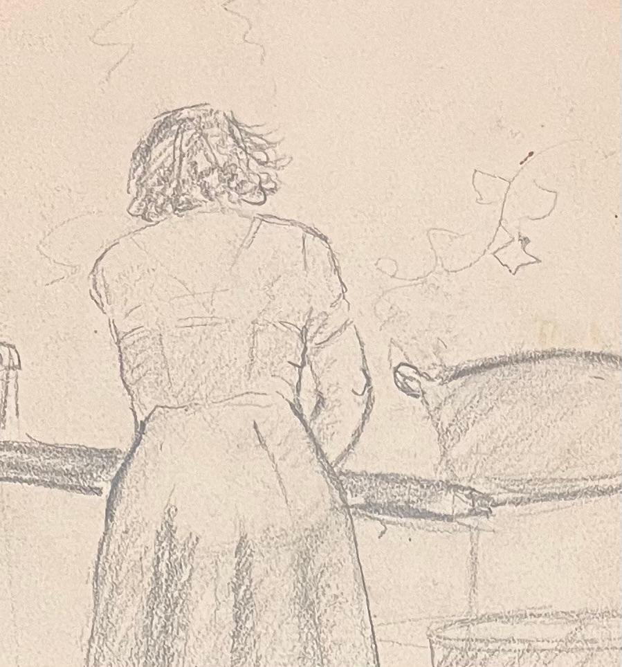 Title: Mid Century French Pencil Drawings of a Woman Cooking in a Kitchen

Artist: Josine Vignon (French 1922-2022)

Medium: Pencil on paper

Size: 9.75 (height) x 6.5 (width)

Stamped: Verso

Condition: Good

Provenance: All the paintings we have