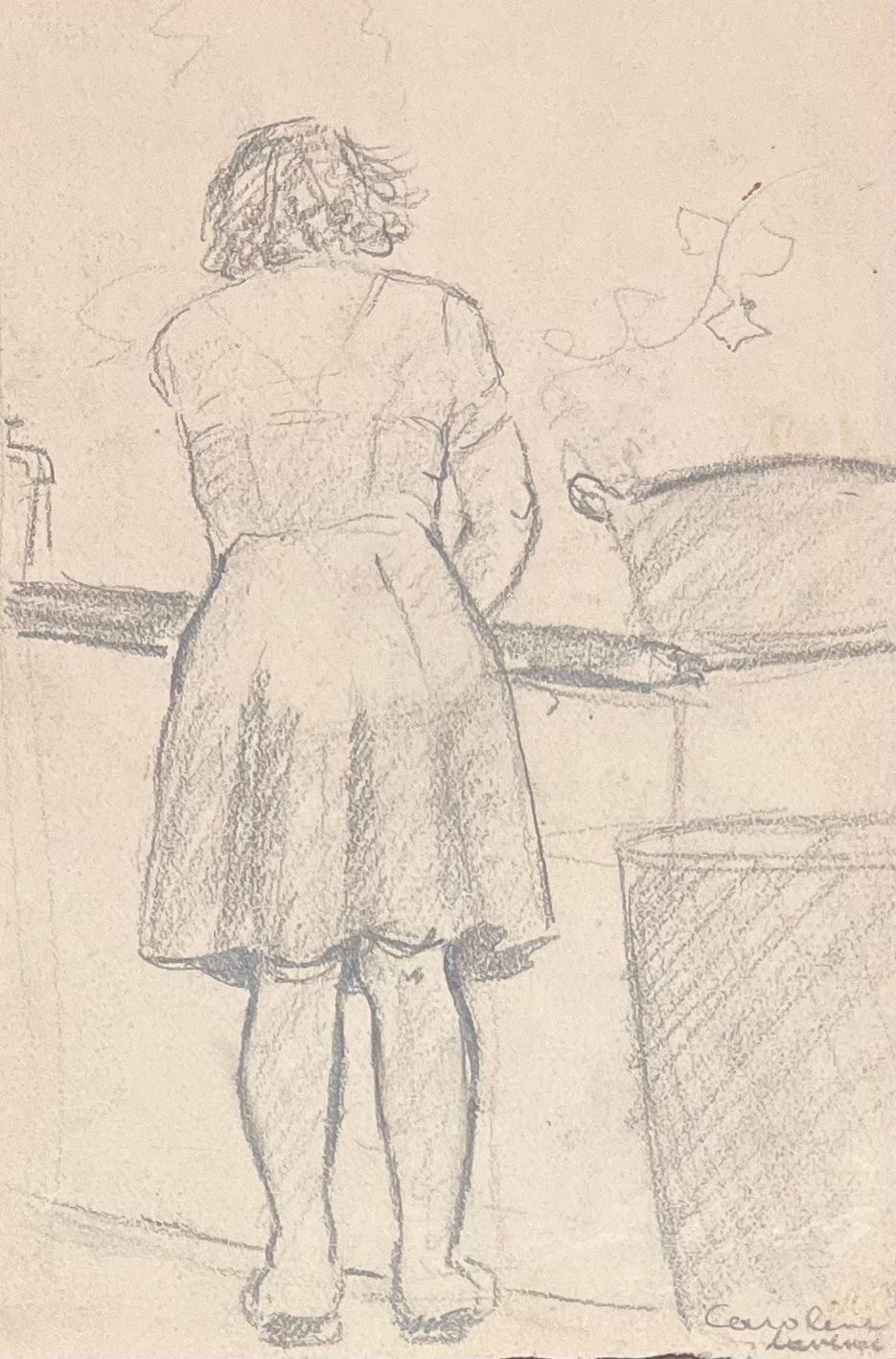 Mid Century French Pencil Drawings of a Woman Cooking in a Kitchen For Sale 1