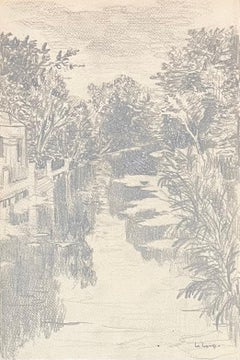 Dessin français du milieu du siècle représentant une scène de rivière Tranquil