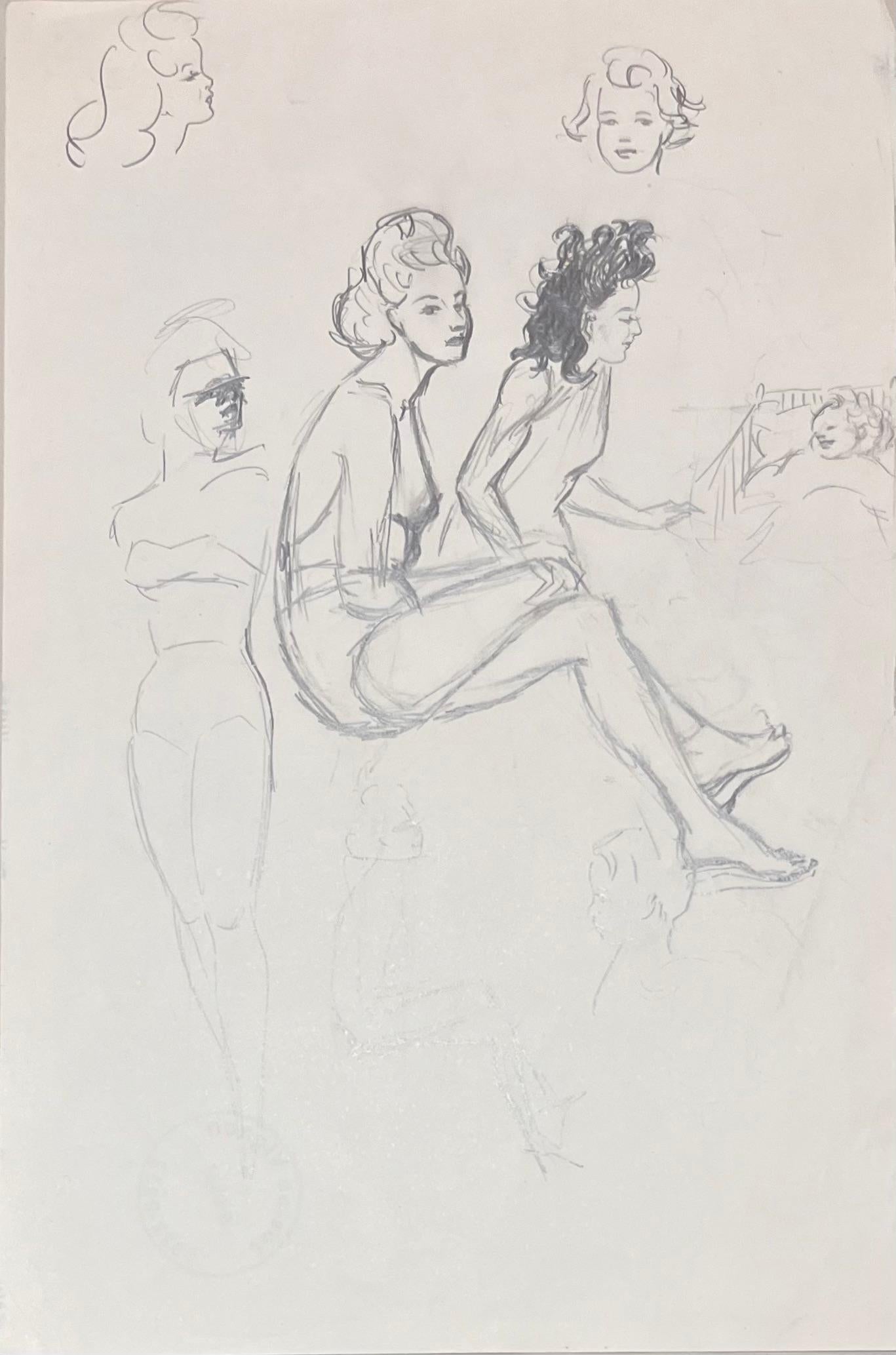Studi a matita di donne in varie pose della metà del secolo scorso - Art di Josine Vignon