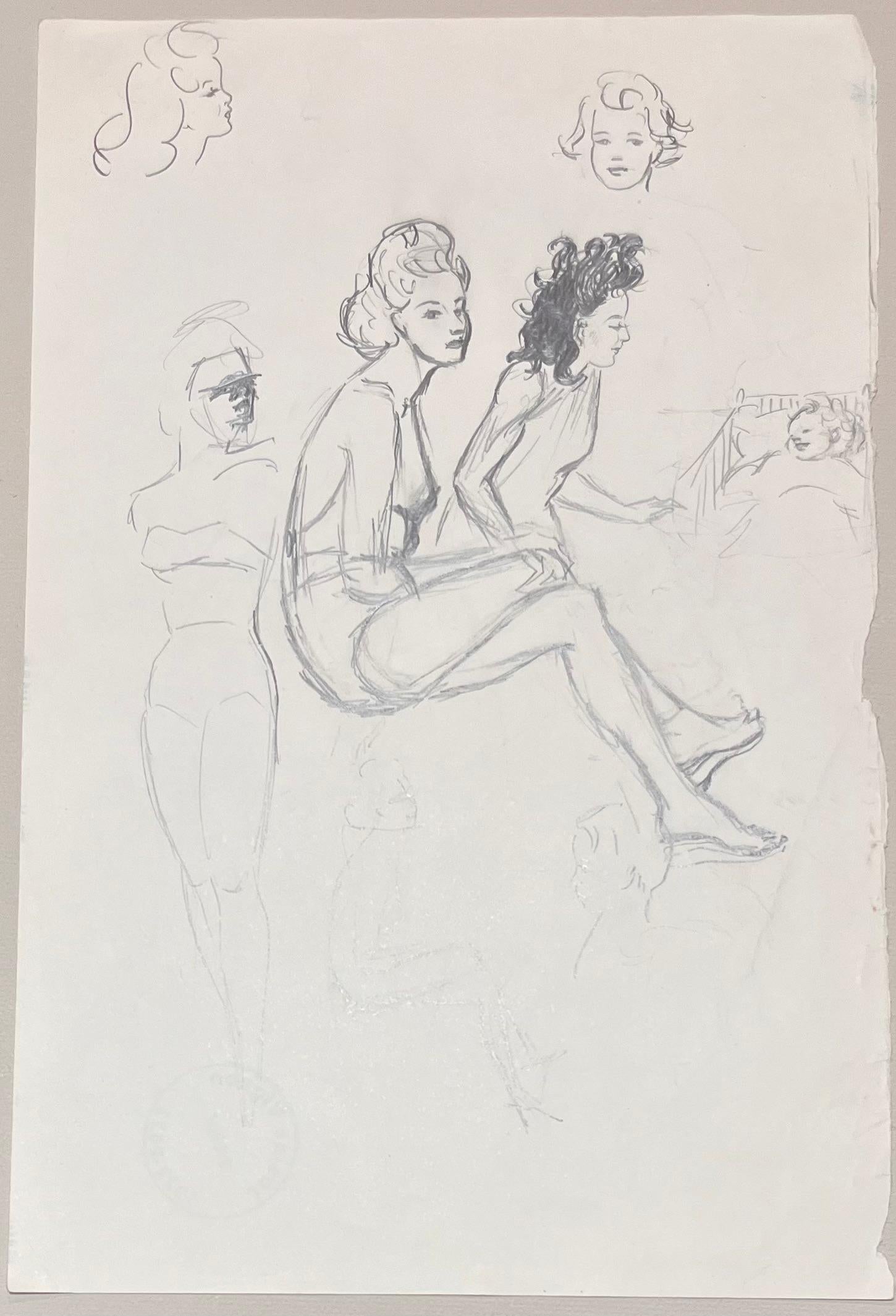 Studi a matita di donne in varie pose della metà del secolo scorso - Art Postimpressionismo di Josine Vignon
