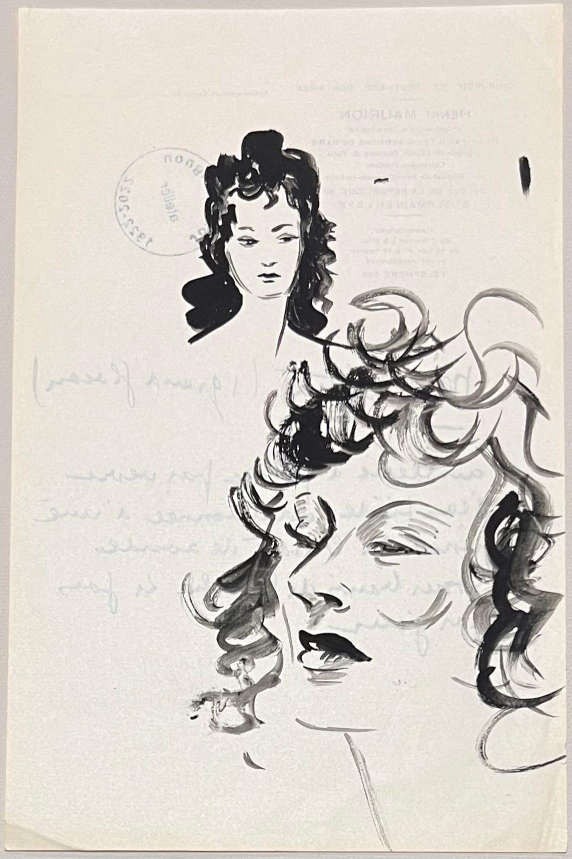 Studi espressivi a inchiostro della metà del secolo scorso di studi di volti femminili - Art Postimpressionismo di Josine Vignon