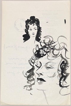 Mid Century French Expressive Ink Studies of Study of Female Faces
