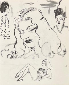 Studi a inchiostro francese della metà del secolo scorso di studio di volti femminili