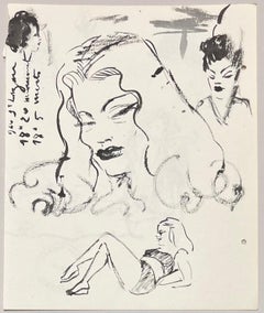 Mid Century French Ink Studies of Study of Female Faces