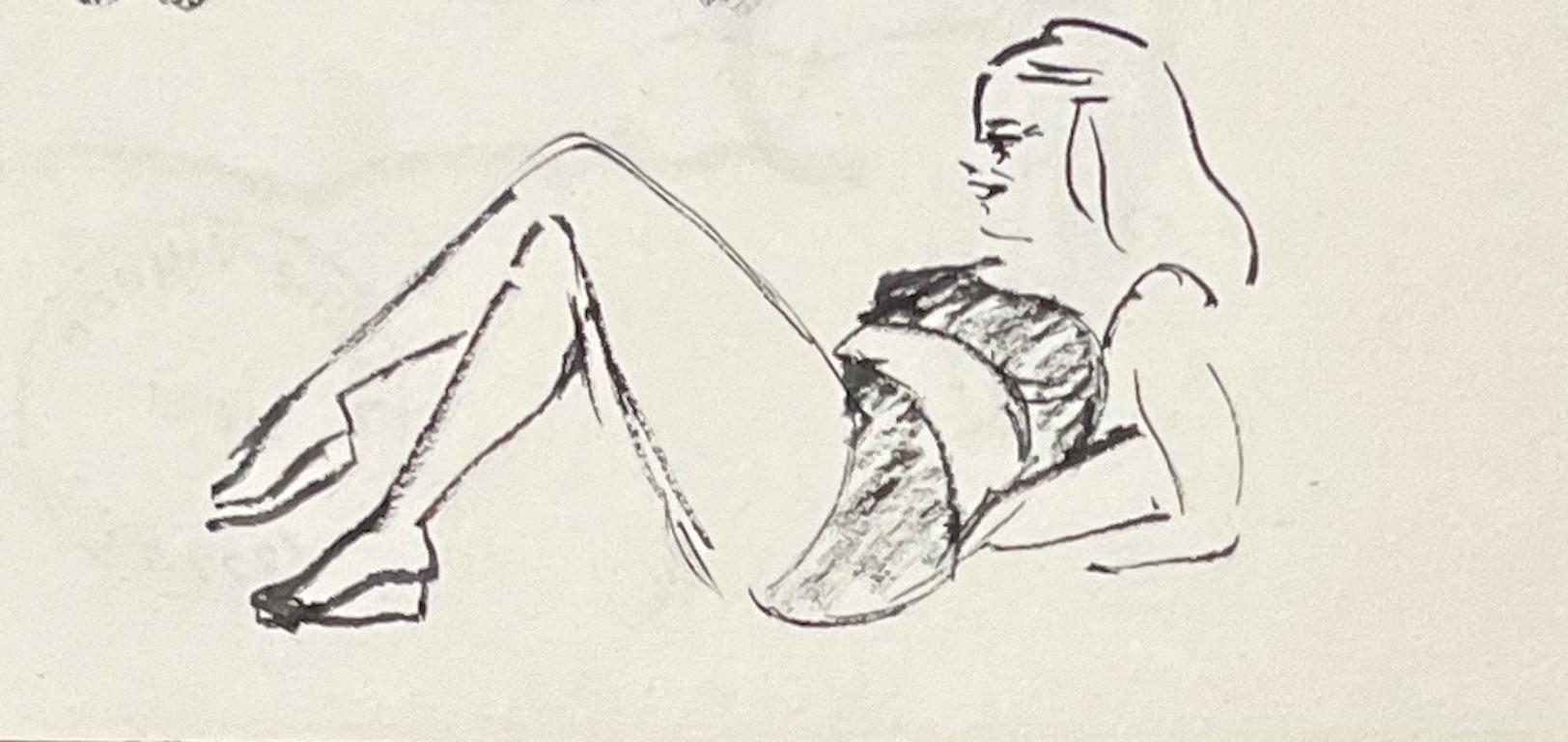 Studi a inchiostro francese della metà del secolo scorso di studio di volti femminili - Figurative Art Beige di Josine Vignon