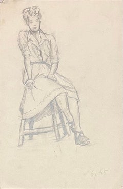 Mid Century French Pencil Studies of Seated Woman in a Dress