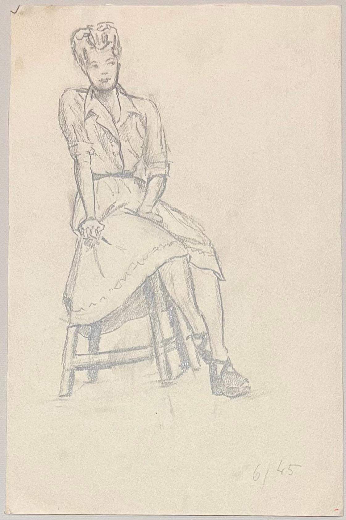 Mid Century French Pencil Studies of Seated Woman in a Dress - Art by Josine Vignon