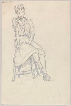 Mid Century French Pencil Studies of Seated Woman in a Dress