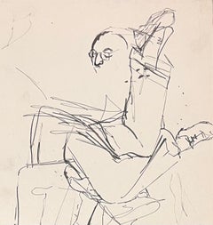 Mid Century French Abstract Sketch of a Seated Figure with Glasses
