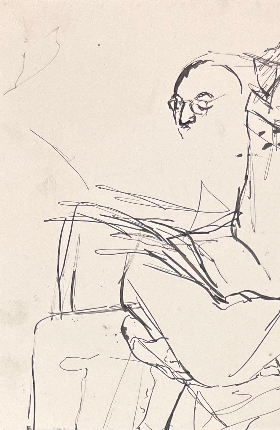 Mid Century French Abstract Sketch of a Seated Figure with Glasses For Sale 1