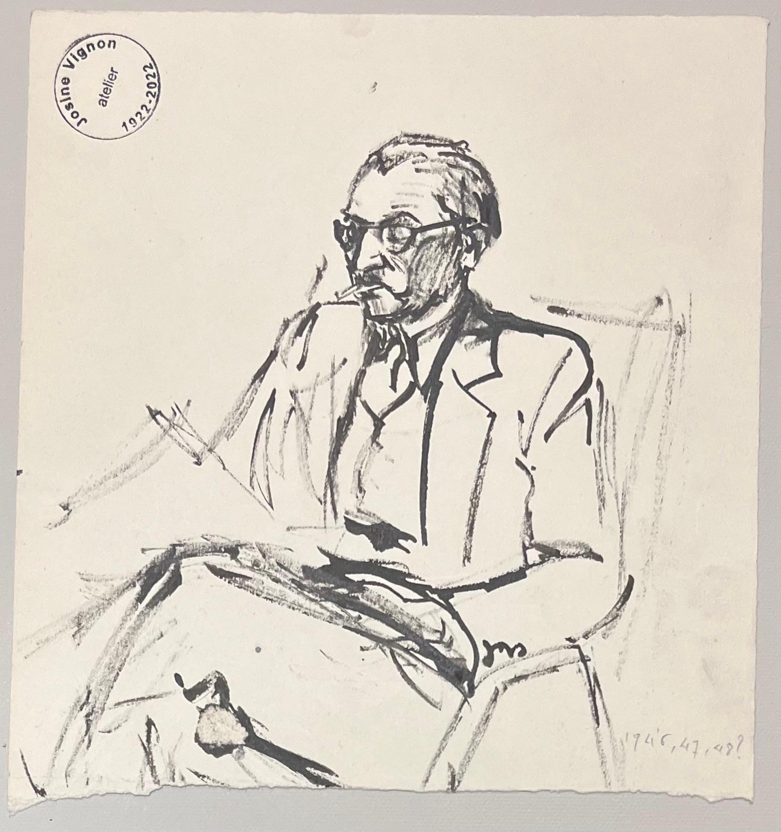 Mid Century French Abstract Sketch of a Seated Figure with Glasses For Sale 2