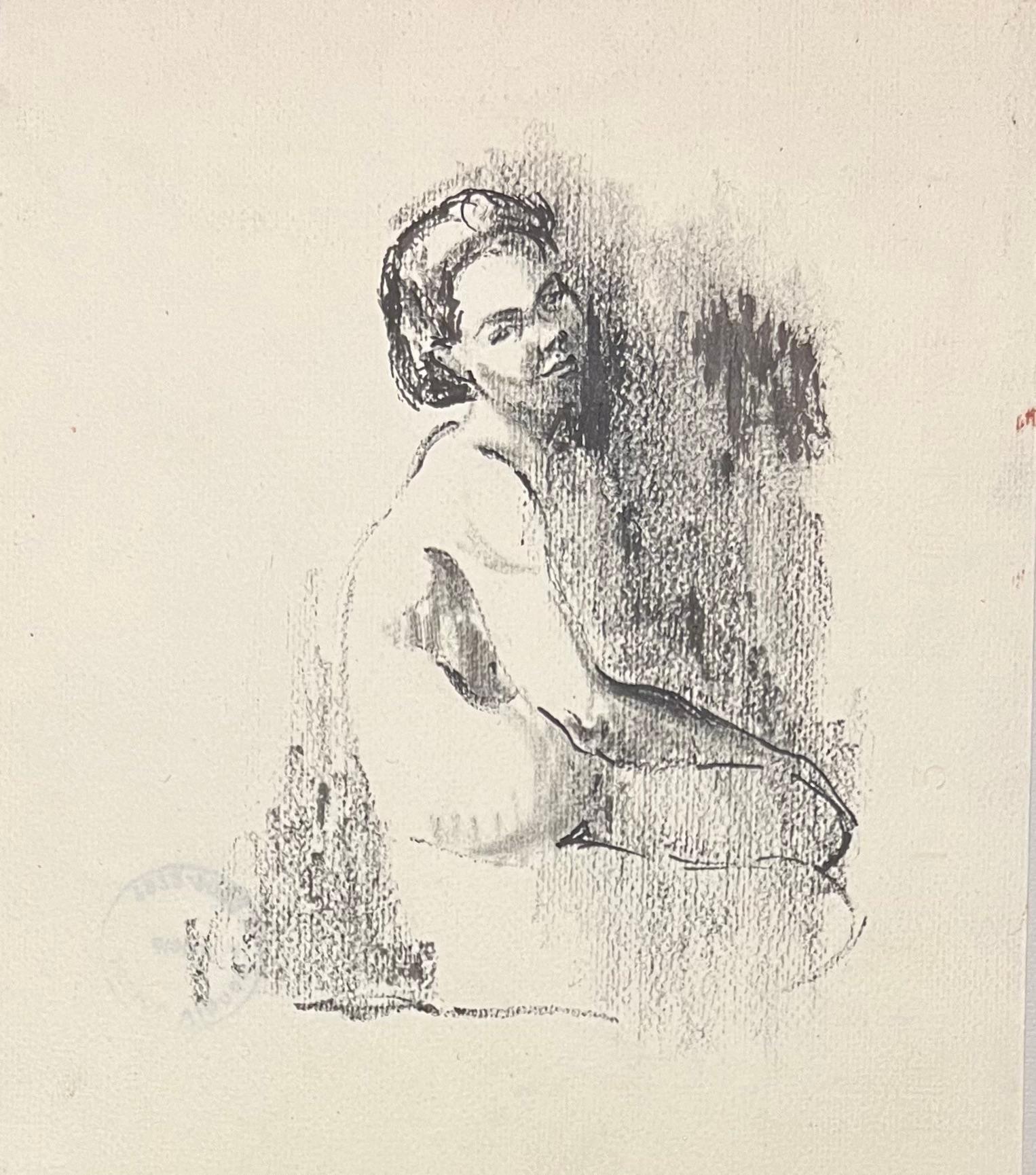 Mid Century French Illustration of a Seated Nude Woman Drawing - Art by Josine Vignon