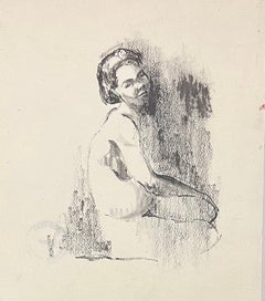 Mid Century French Illustration of a Seated Nude Woman Drawing