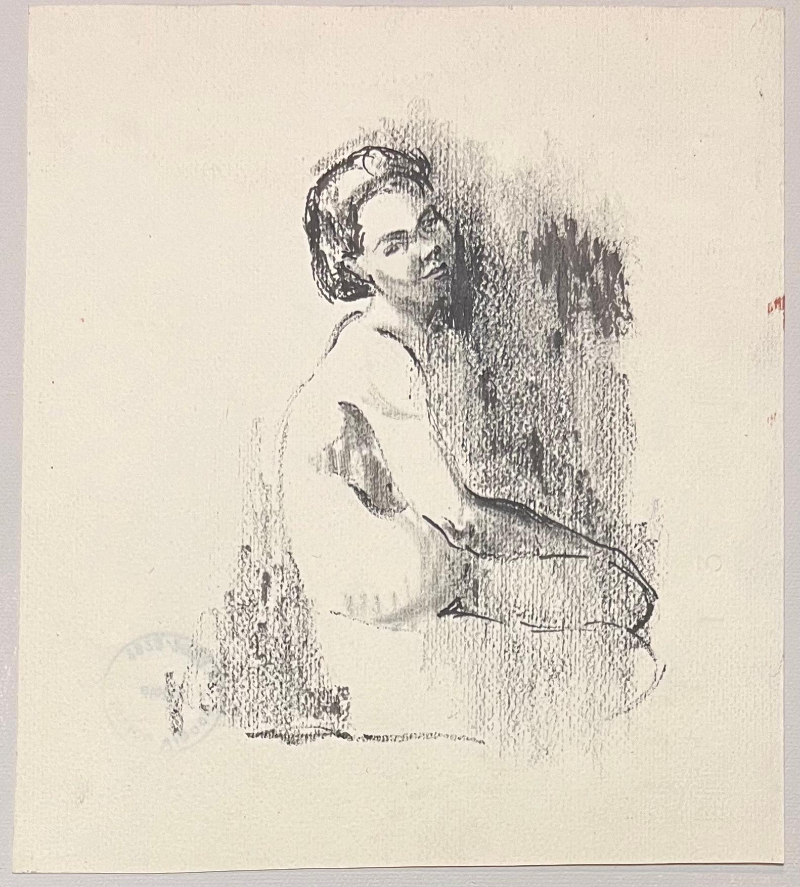 Mid Century French Illustration of a Seated Nude Woman Drawing - Post-Impressionist Art by Josine Vignon