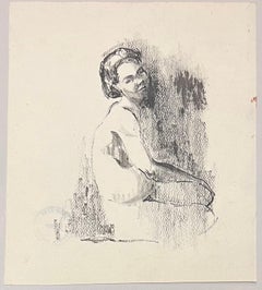 Mid Century French Illustration of a Seated Nude Woman Drawing