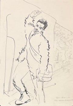 Mid Century French Expressive Ink Illustration of a Man Standing