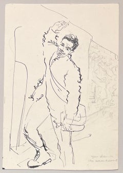 Mid Century French Expressive Ink Illustration of a Man Standing
