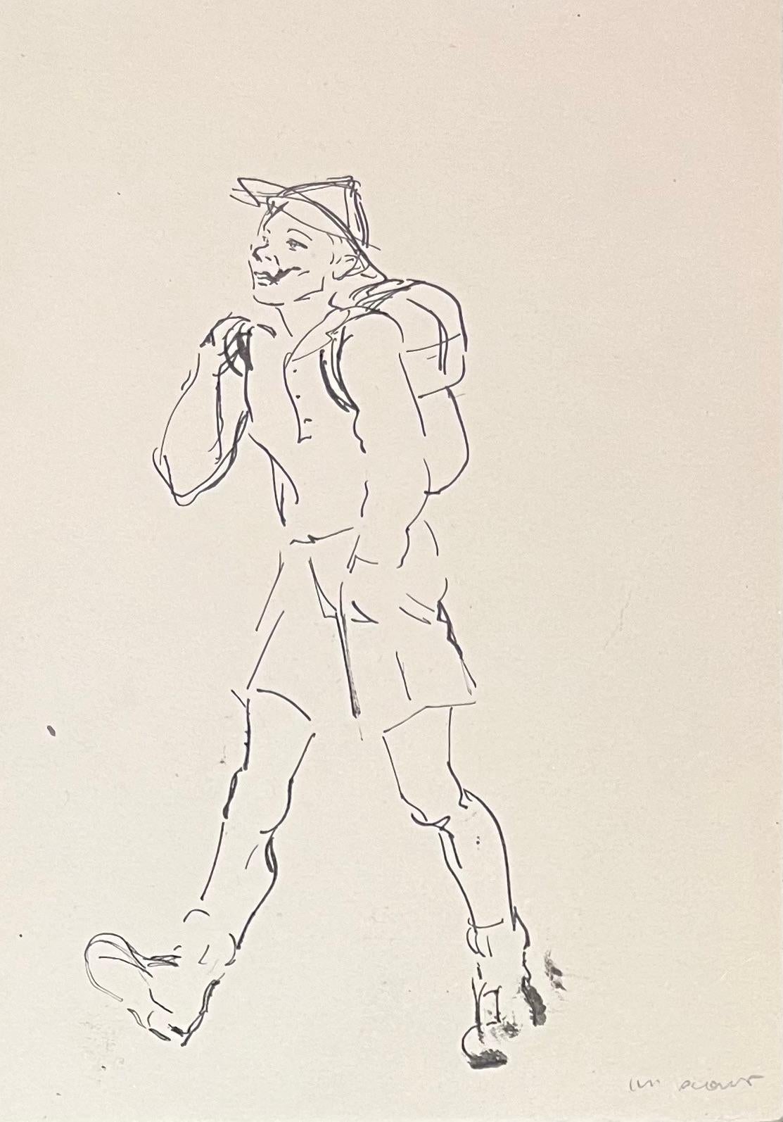 Mid Century French Ink Illustration of a Happy Walker with Backpack