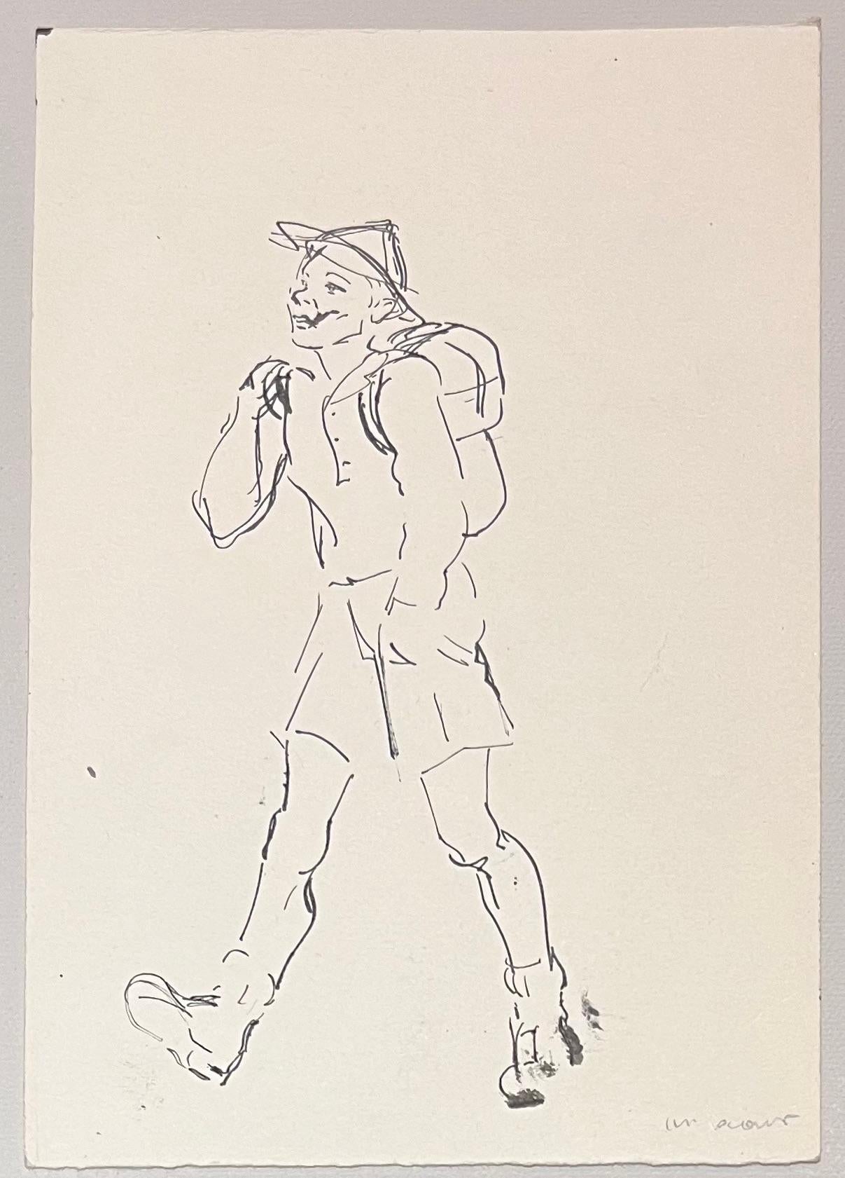 Illustrazione a inchiostro francese di metà secolo di un camminatore felice con zaino - Art di Josine Vignon