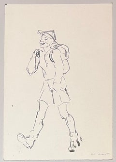 Mid Century French Ink Illustration of a Happy Walker with Backpack