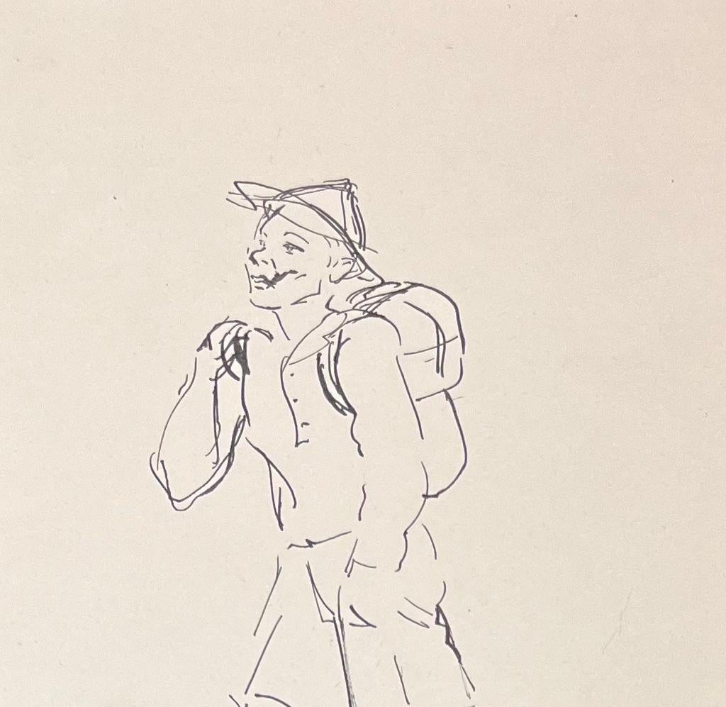 Illustrazione a inchiostro francese di metà secolo di un camminatore felice con zaino - Art Postimpressionismo di Josine Vignon