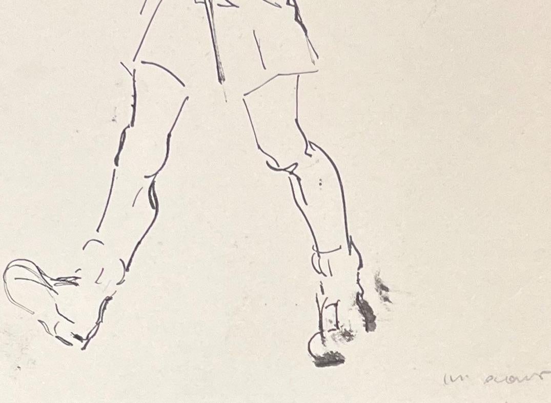 Illustrazione a inchiostro francese di metà secolo di un camminatore felice con zaino - Figurative Art Beige di Josine Vignon