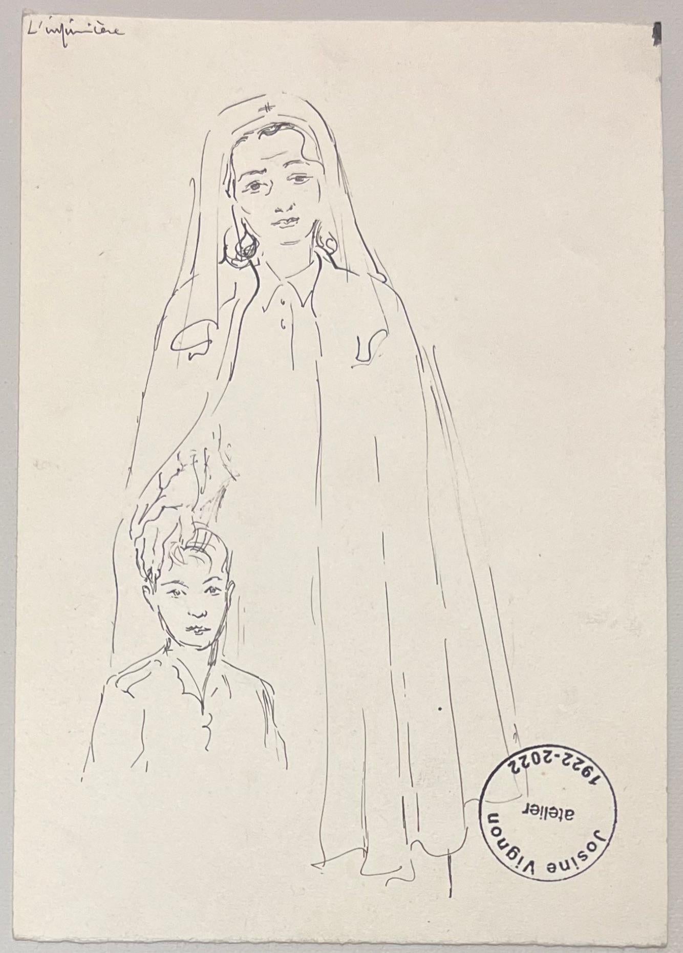 Titolo: Illustrazione a inchiostro francese di metà secolo di un camminatore felice con lo zaino

Artista: Josine Vignon (francese, 1922-2022)

Mezzo: Inchiostro e carta su carta

Dimensioni: 7 (altezza) x 5,25 (larghezza)

Timbrato: