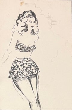 Mid Century French Ink Illustration of a Woman in Vintage Swimsuit