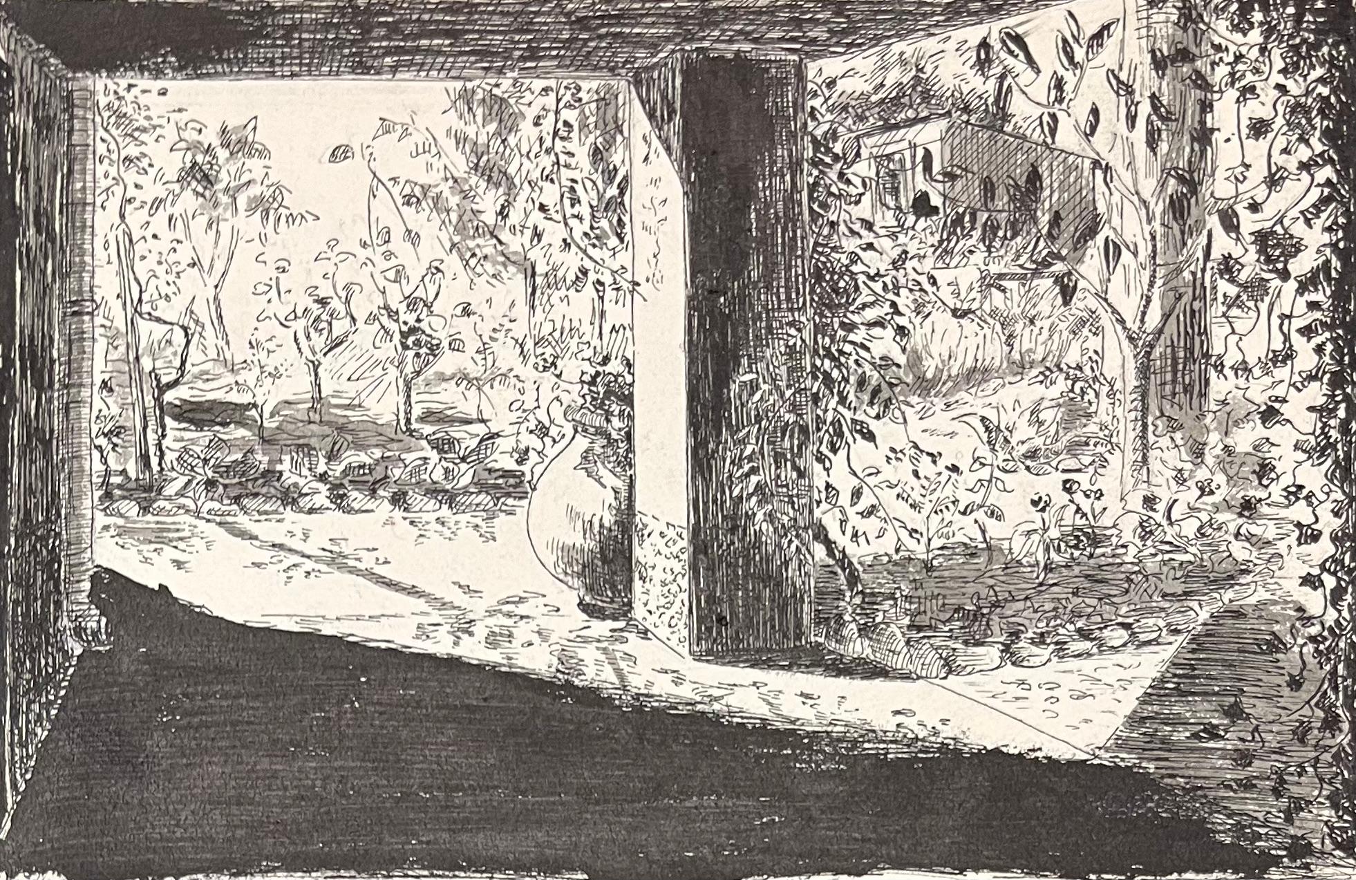 Figurative Art di Josine Vignon - Illustrazione a inchiostro francese di metà secolo di una vista su un giardino ombreggiato attraverso un portico