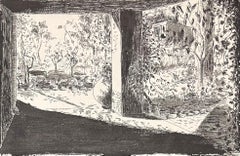 Illustration à l'encre française du milieu du siècle d'une vue d'un jardin ombragé à travers un porche