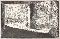 Französische Tintenillustration einer geformten Gartenansicht durch eine Porche, Mitte des Jahrhunderts