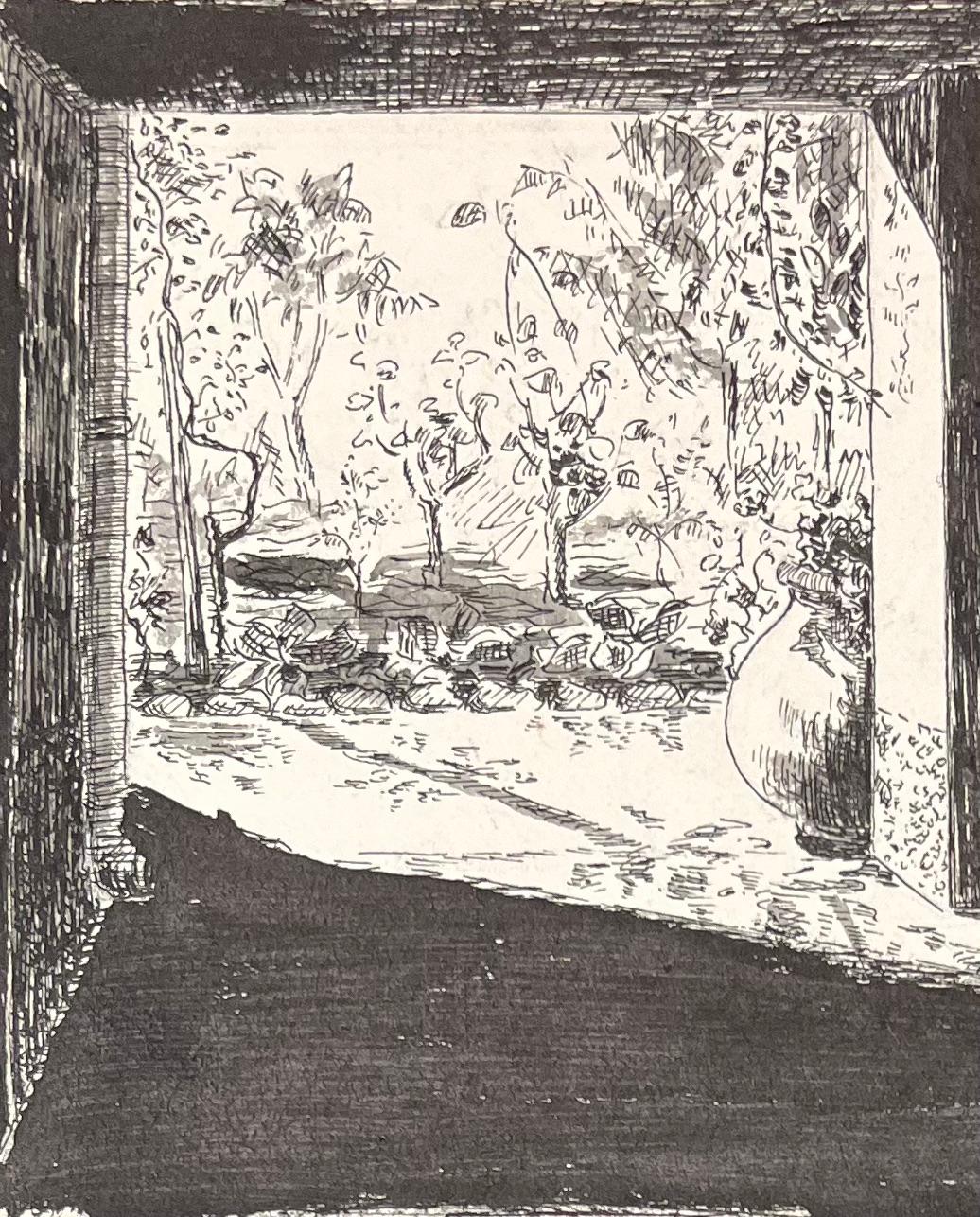 Illustrazione a inchiostro francese di metà secolo di una vista su un giardino ombreggiato attraverso un portico - Art Postimpressionismo di Josine Vignon
