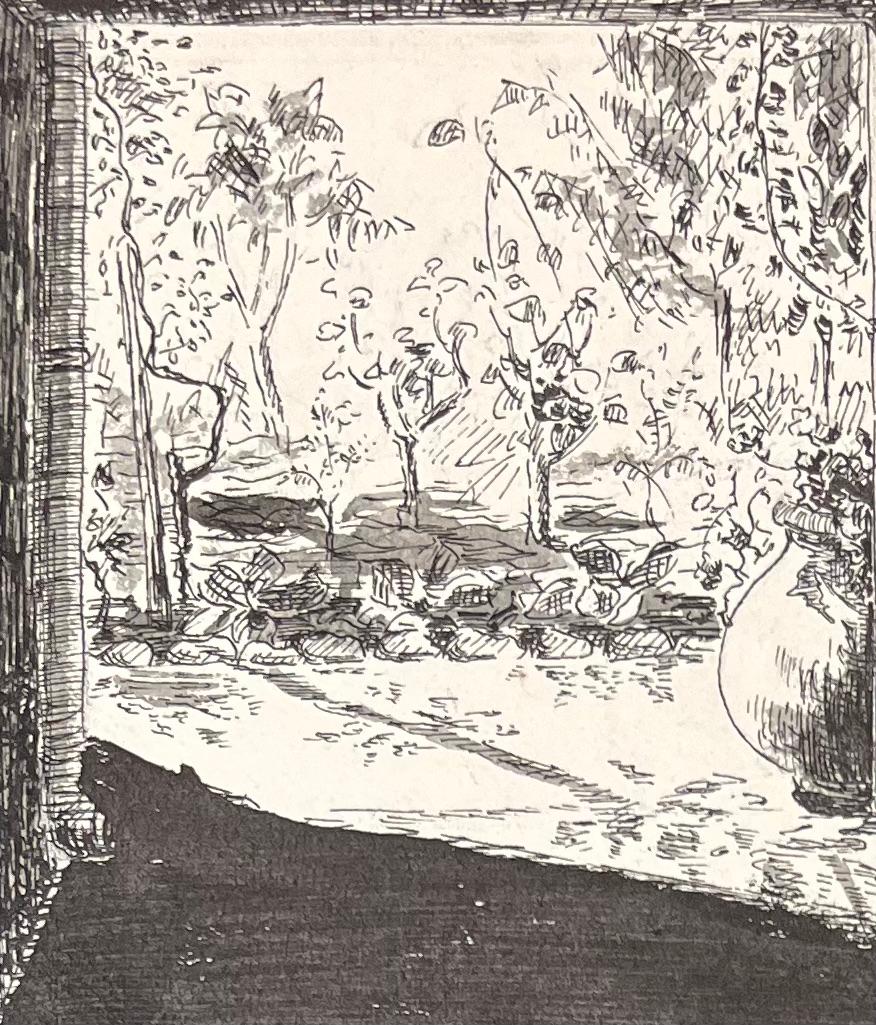 Illustrazione a inchiostro francese di metà secolo di una vista su un giardino ombreggiato attraverso un portico - Figurative Art Grigio di Josine Vignon