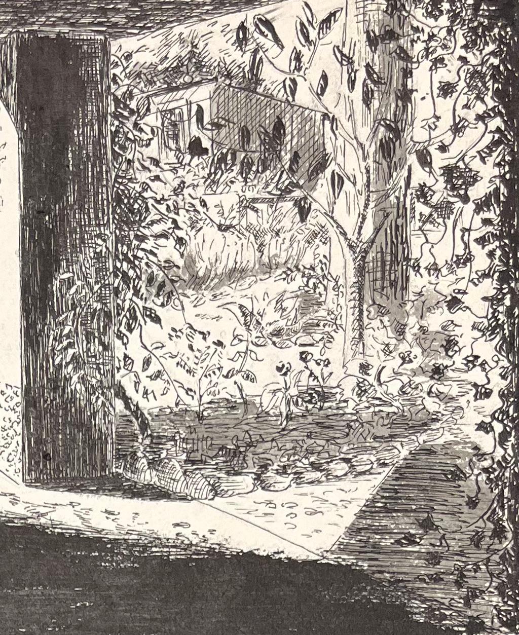 Titolo: Illustrazione a inchiostro francese di metà secolo di una vista su un giardino ombreggiato attraverso un portico

Artista: Josine Vignon (francese, 1922-2022)

Mezzo di comunicazione: Inchiostro e carta

Dimensioni: 6,25 (altezza) x 9,5