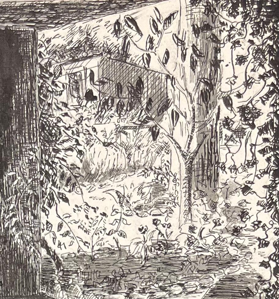 Illustrazione a inchiostro francese di metà secolo di una vista su un giardino ombreggiato attraverso un portico in vendita 1